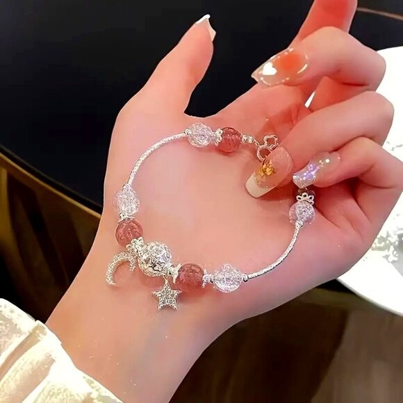Bohemian Style Strawberry Quartz Moon and Star Charm Bracelet - Elegant & Sleek! - Picture 1 of 6